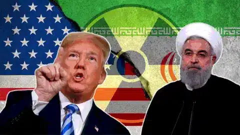 Tensión entre Estados Unidos e Irán: gesto expresivo de un político estadounidense frente a la expresión seria de un líder iraní, con banderas de ambos países y un icono nuclear de fondo