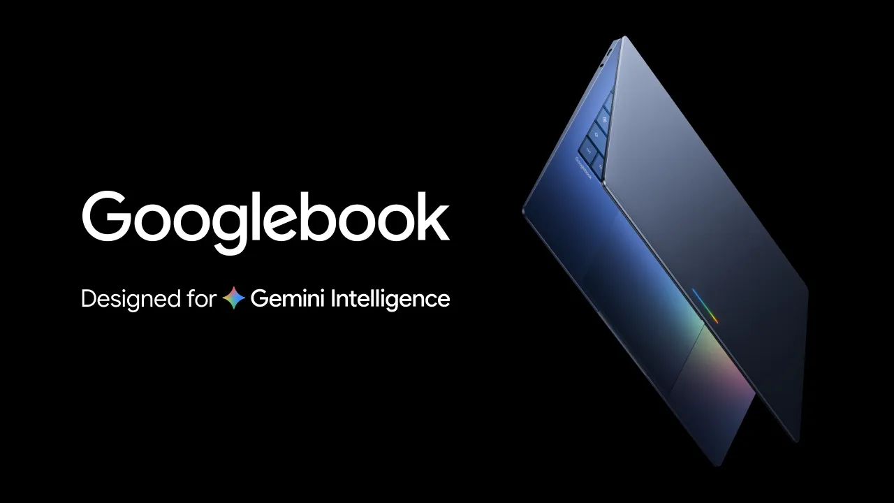 Laptop Googlebook con diseño moderno y acabado tipo aluminio, creada para Gemini Intelligence